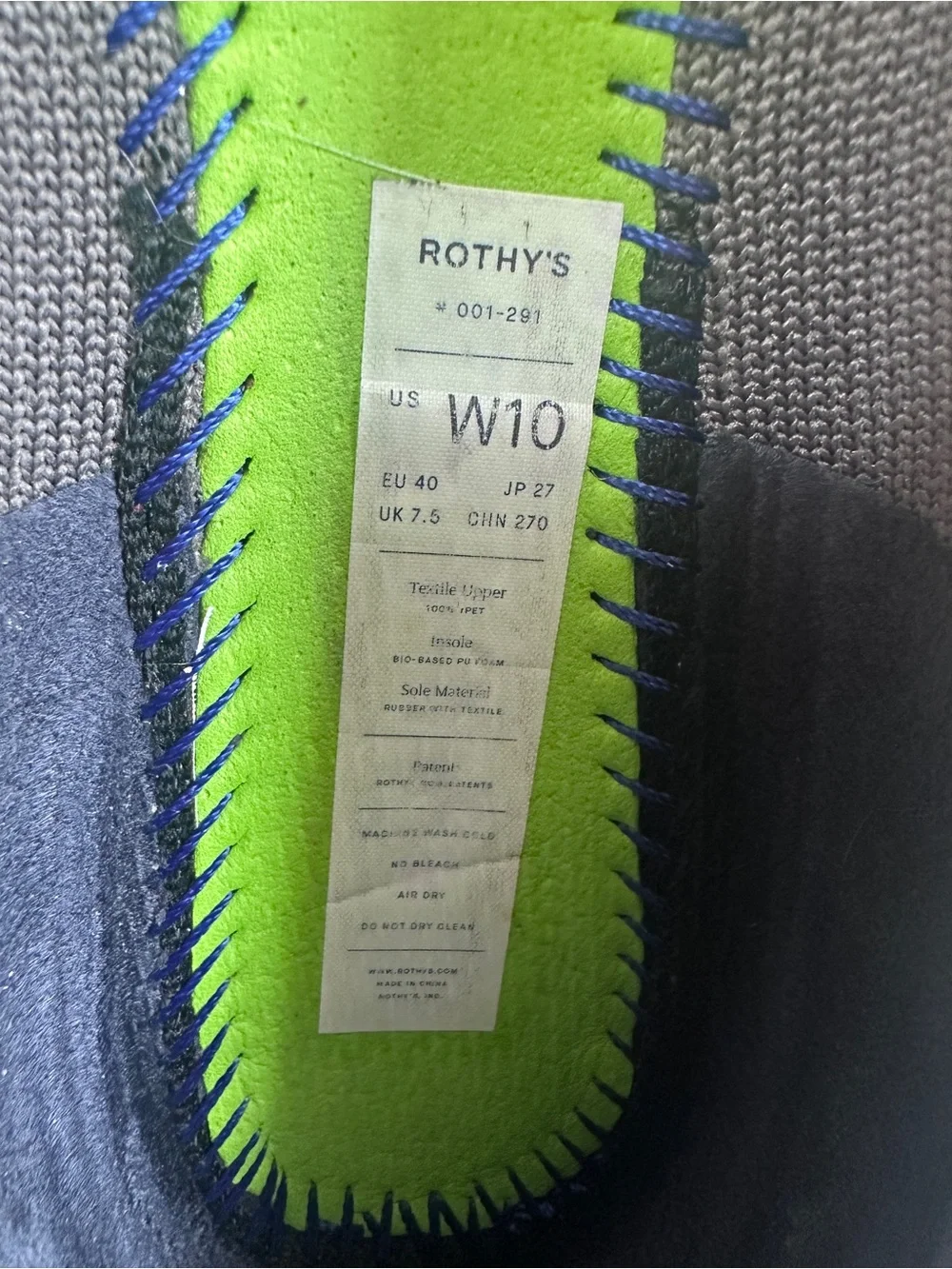 Rothy's Women's Gray Knit Slip-On Flats with Blue Trim size 10